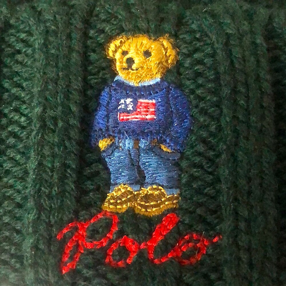 RALPH LAUREN Bear In Sweater Green Cable Knit Cuff Hat O/S NWT